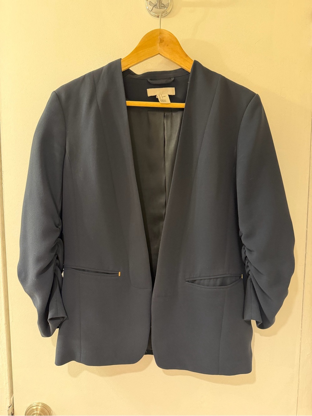 H&M Navy Open-Front Blazer with Ruched Sleeves